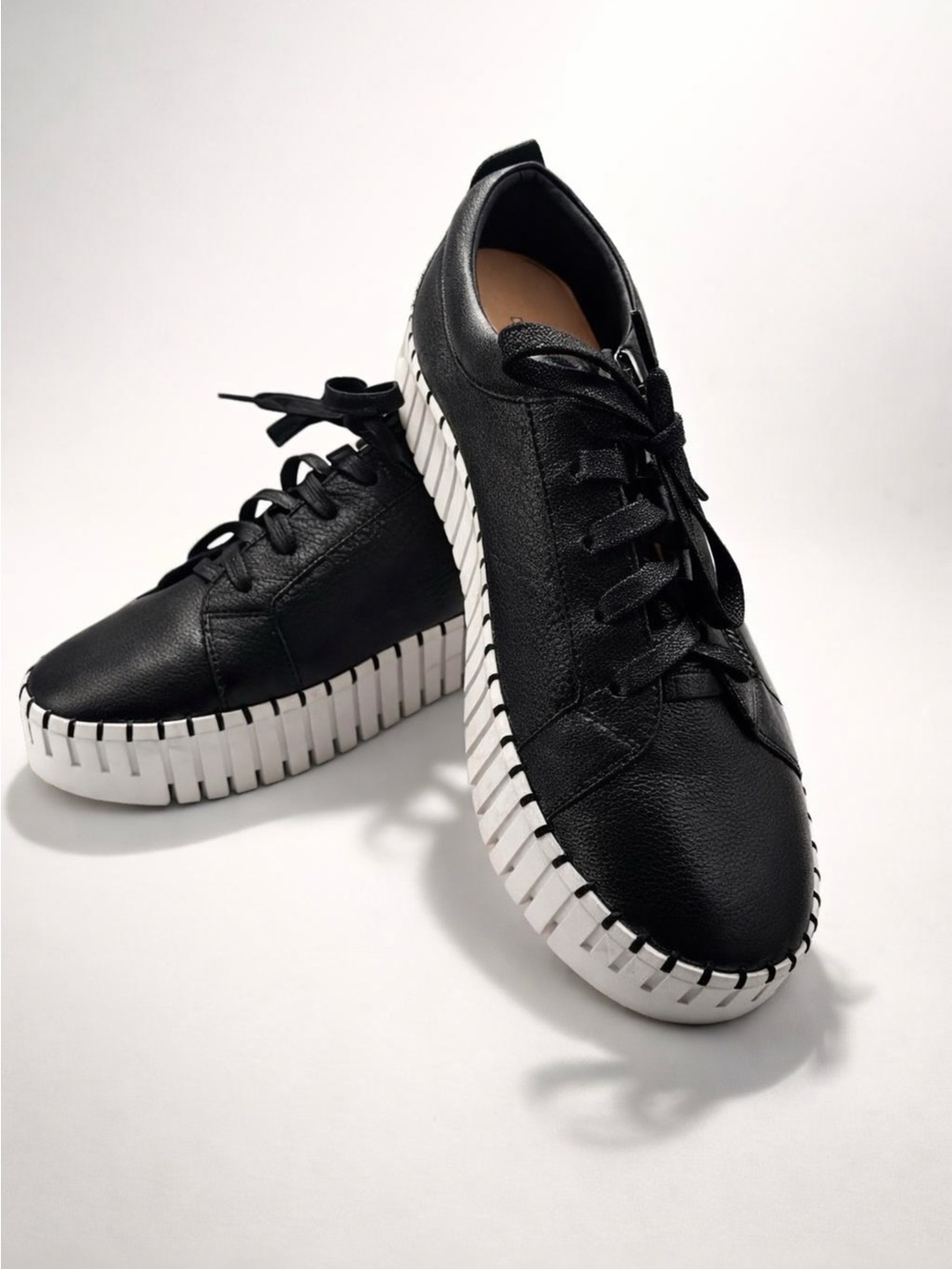 Women's Black Leather-Style Platform Sneakers with White Ribbed Sole